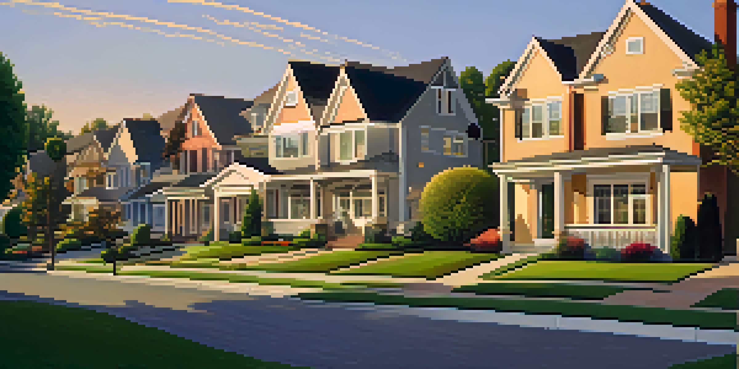 A peaceful suburban neighborhood with houses and lawns during sunset.