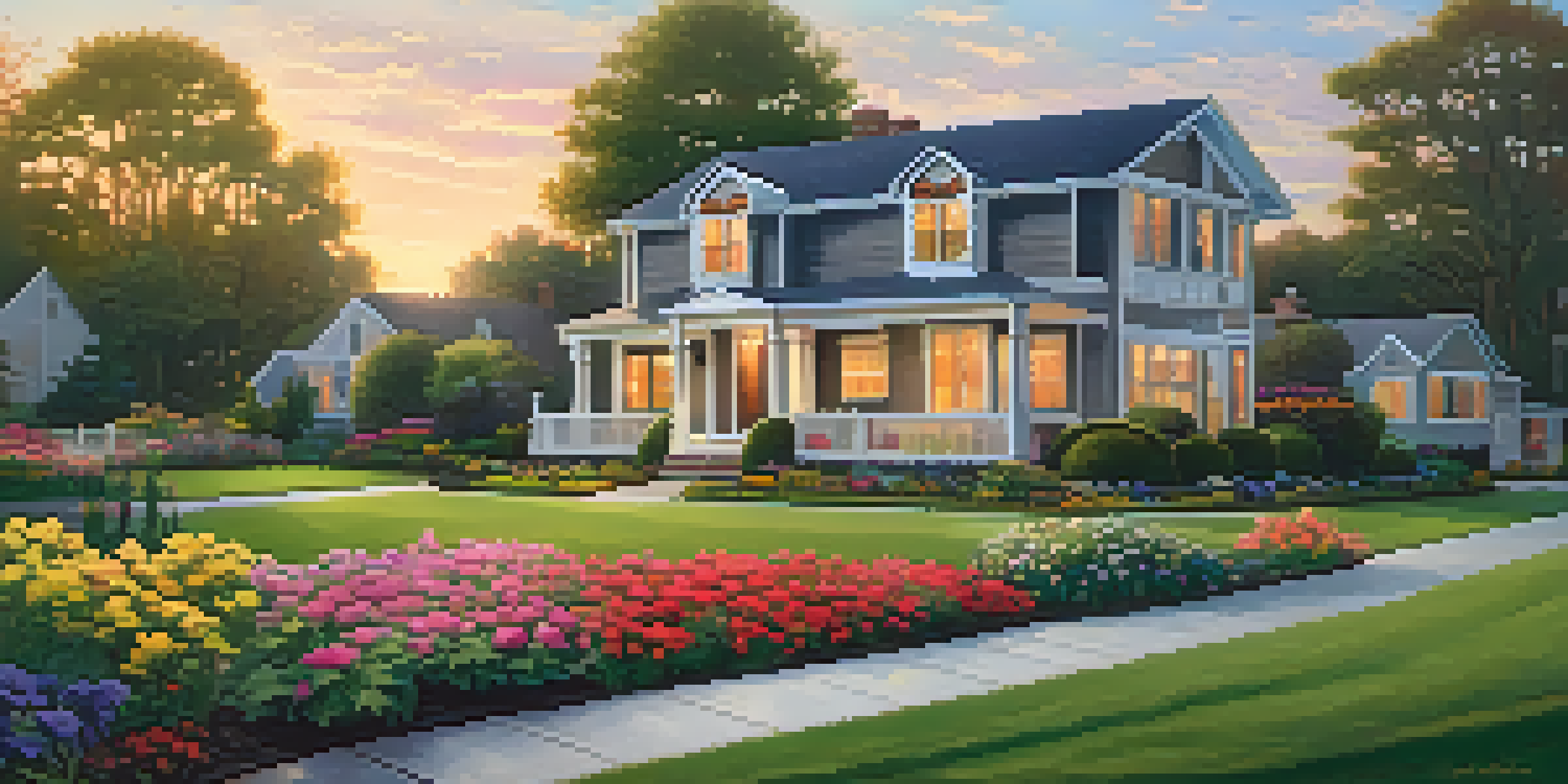 A picturesque suburban house with a well-kept yard and blooming flowers during sunset.