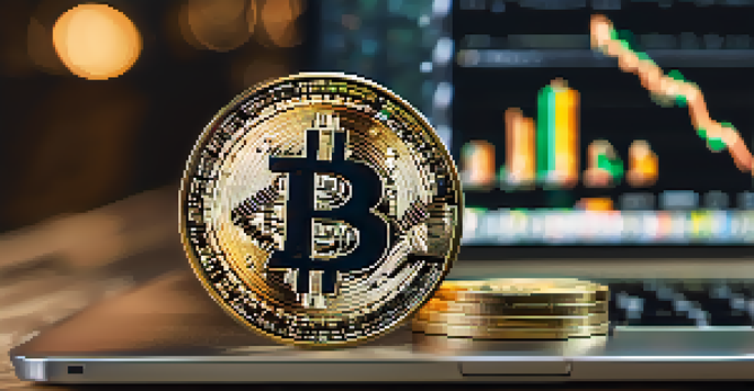 A close-up view of a Bitcoin on a wooden desk, with a laptop screen showing cryptocurrency charts in the background.