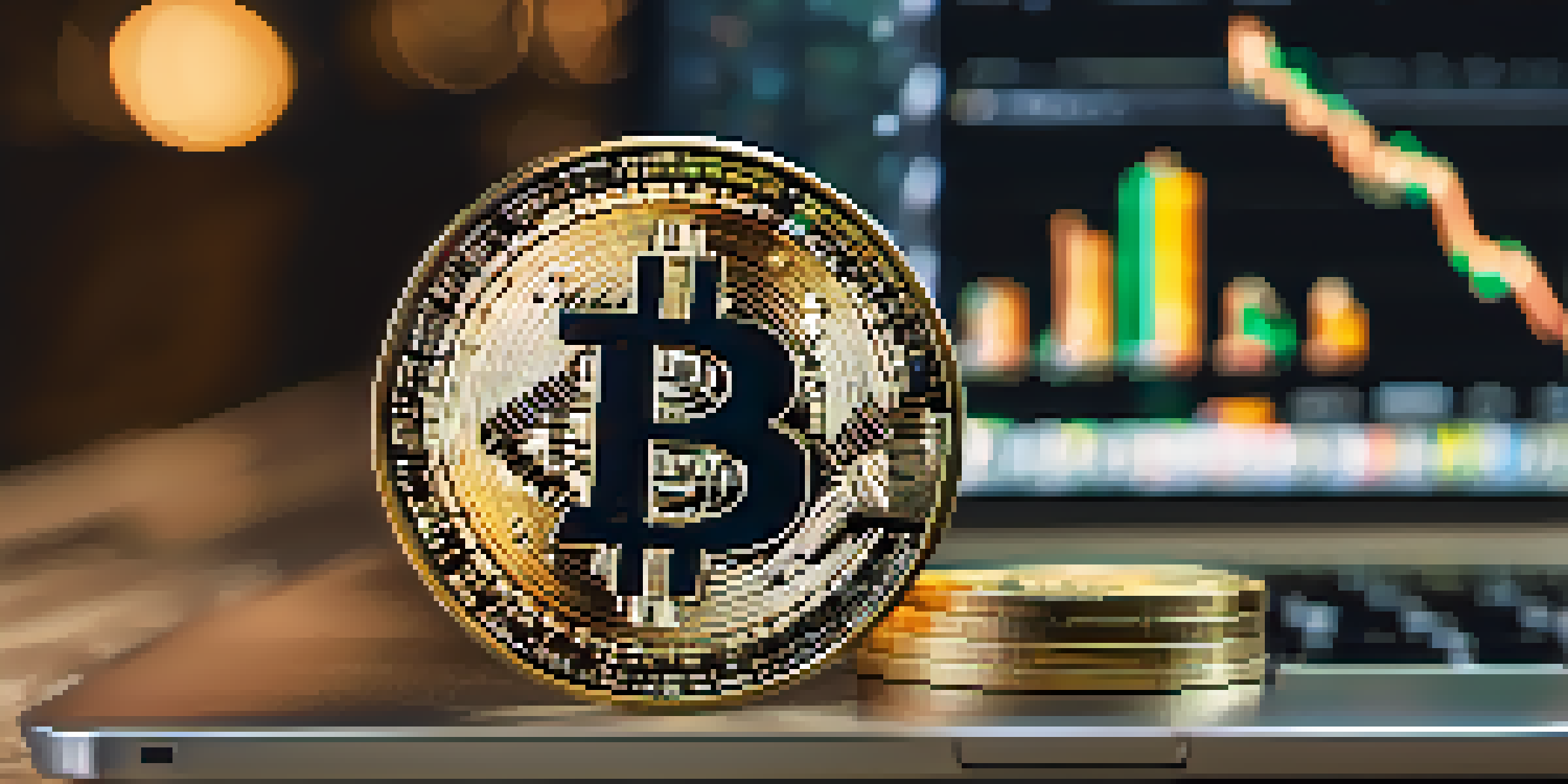 A close-up view of a Bitcoin on a wooden desk, with a laptop screen showing cryptocurrency charts in the background.