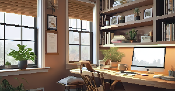 A cozy home office with a wooden desk, laptop, notebooks, and a coffee cup, illuminated by soft natural light.