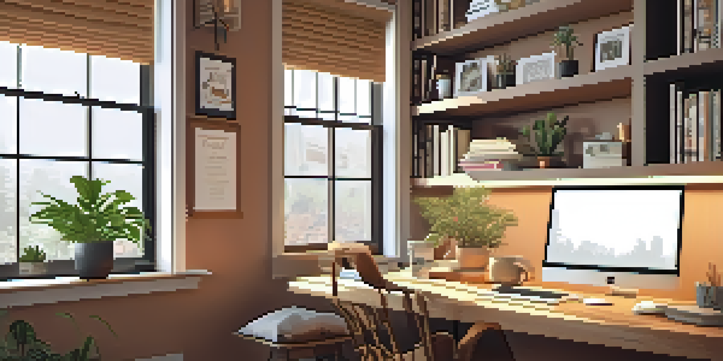 A cozy home office with a wooden desk, laptop, notebooks, and a coffee cup, illuminated by soft natural light.