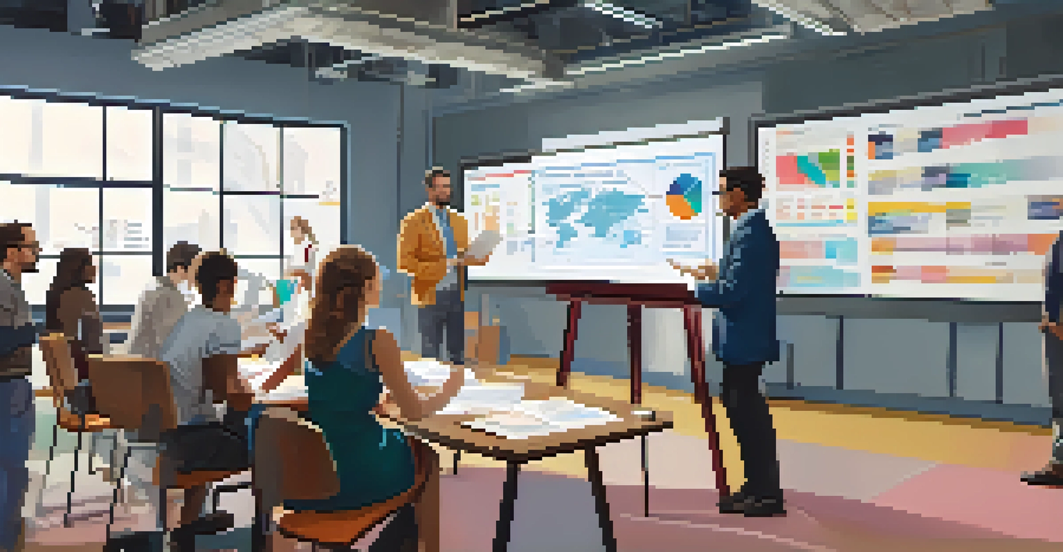 A diverse group of people attending a tax law workshop with charts and graphs displayed.