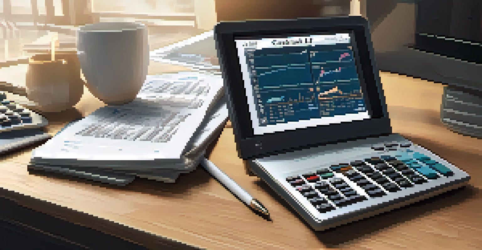 A close-up of a calculator, financial documents, and stock market graphs on a computer screen, with a cup of coffee nearby.