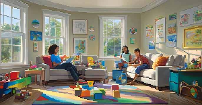 A working parent in a cozy living room, balancing work and family responsibilities, with children's toys and a laptop on the desk.