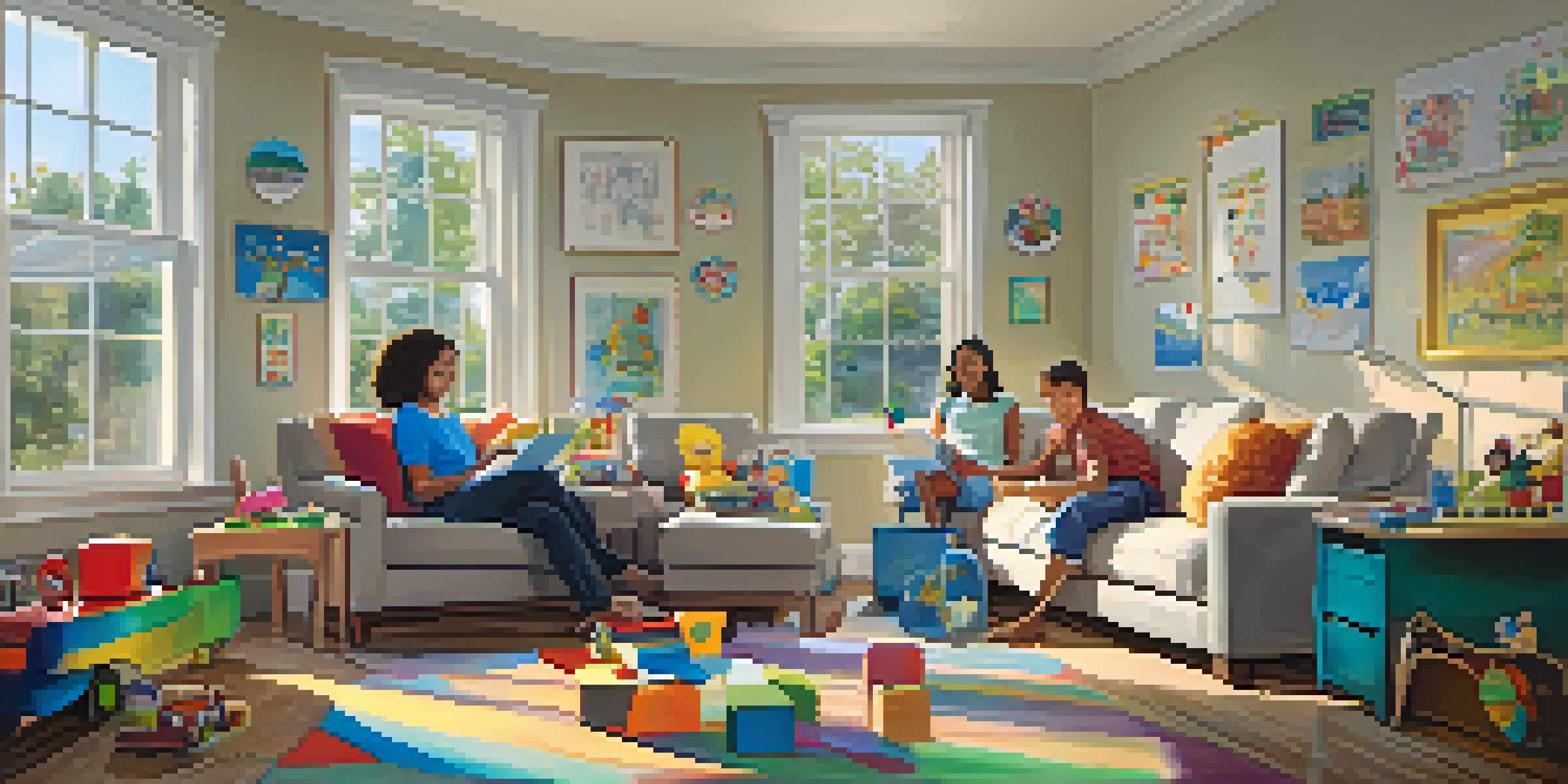 A working parent in a cozy living room, balancing work and family responsibilities, with children's toys and a laptop on the desk.