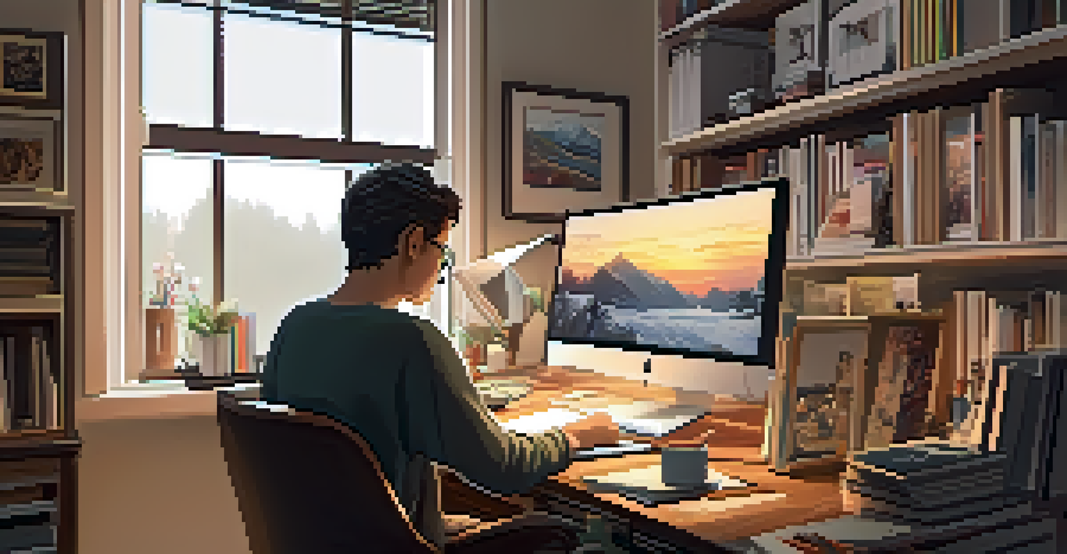 An artist working in a home office filled with art supplies and soft lighting.