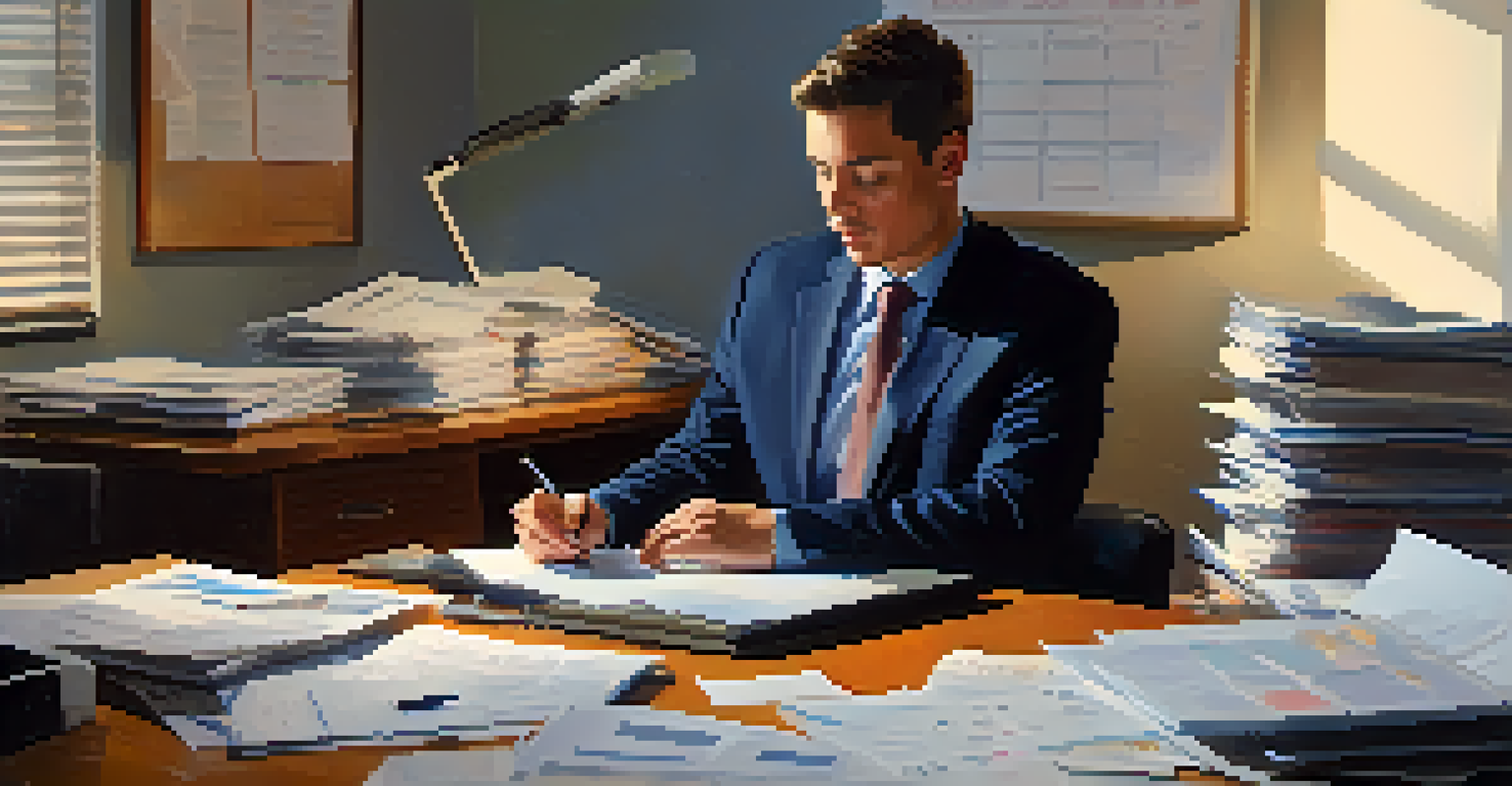 A nonprofit professional at a desk focusing on Form 990 documents with a calculator and a calendar in a softly lit workspace.