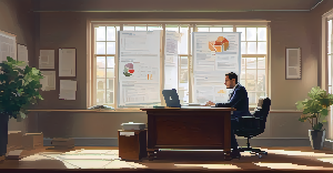 A professional consulting over a laptop with documents, looking thoughtfully at a tax report in a well-lit office.