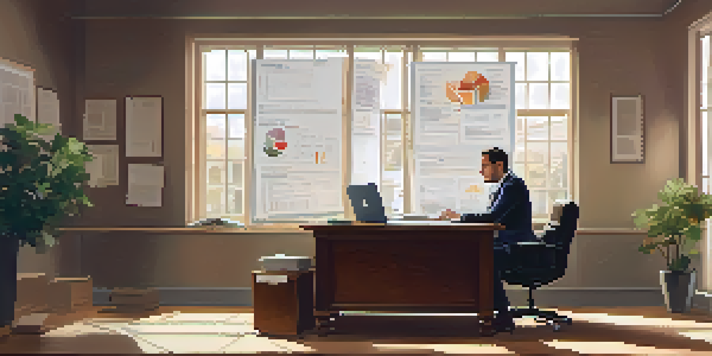A professional consulting over a laptop with documents, looking thoughtfully at a tax report in a well-lit office.