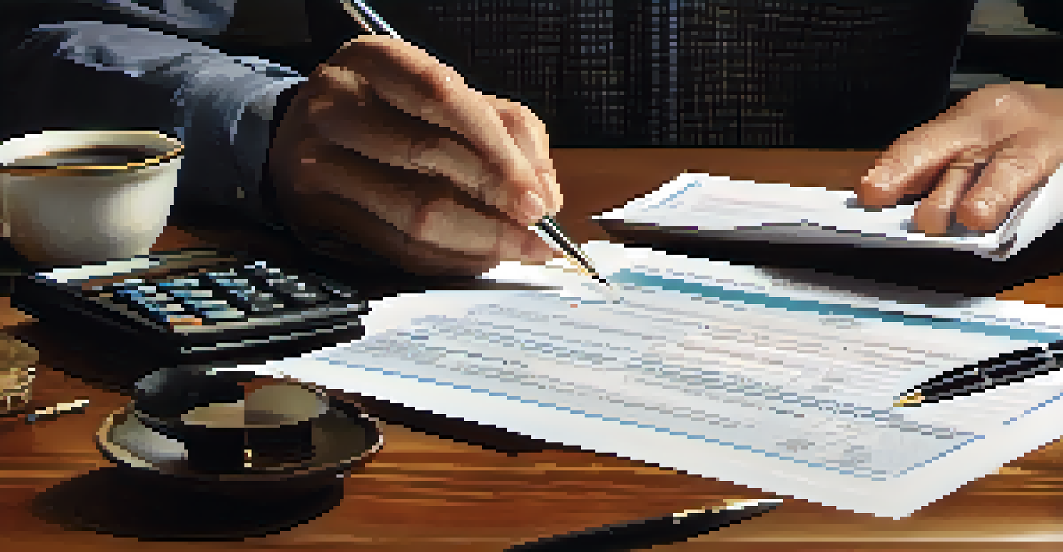 Close-up of hands filling out an inheritance tax return form on a wooden desk, with a pen, calculator, and coffee cup surrounding the neatly organized paperwork.