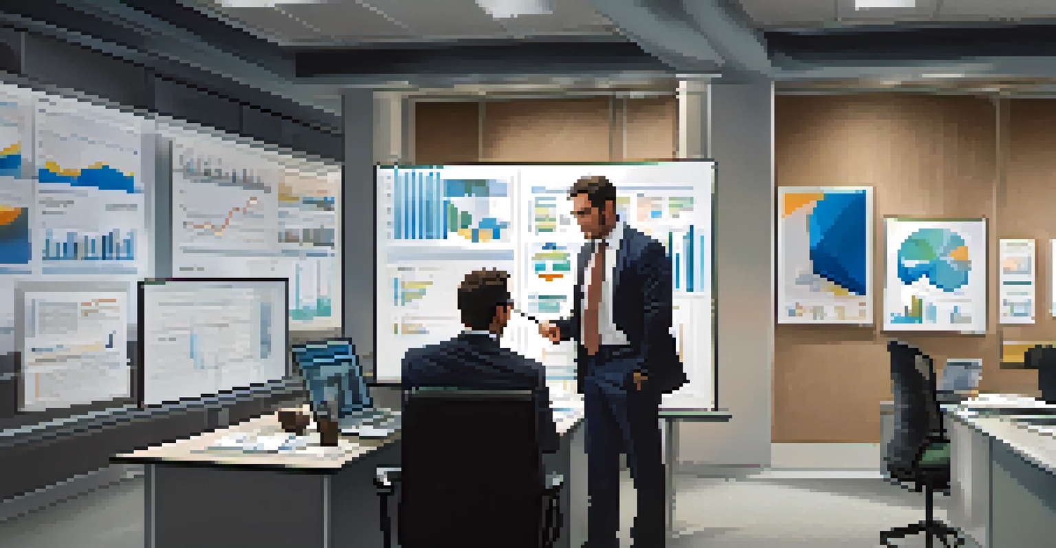 An office scene showing a tax professional consulting with a business owner, pointing at a laptop with charts, with tax documents on the table under bright lighting.