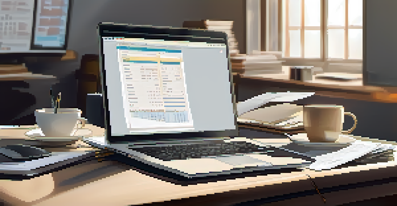 A neatly organized workspace with receipts, a calculator, and a laptop, accompanied by a cup of coffee and a notepad, under soft lighting.