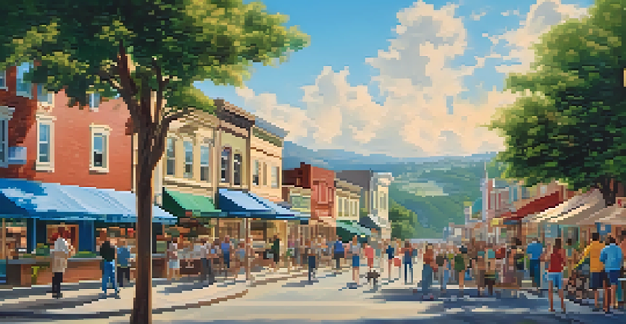 A peaceful small town with local businesses and green hills under a bright blue sky, showing a community event.
