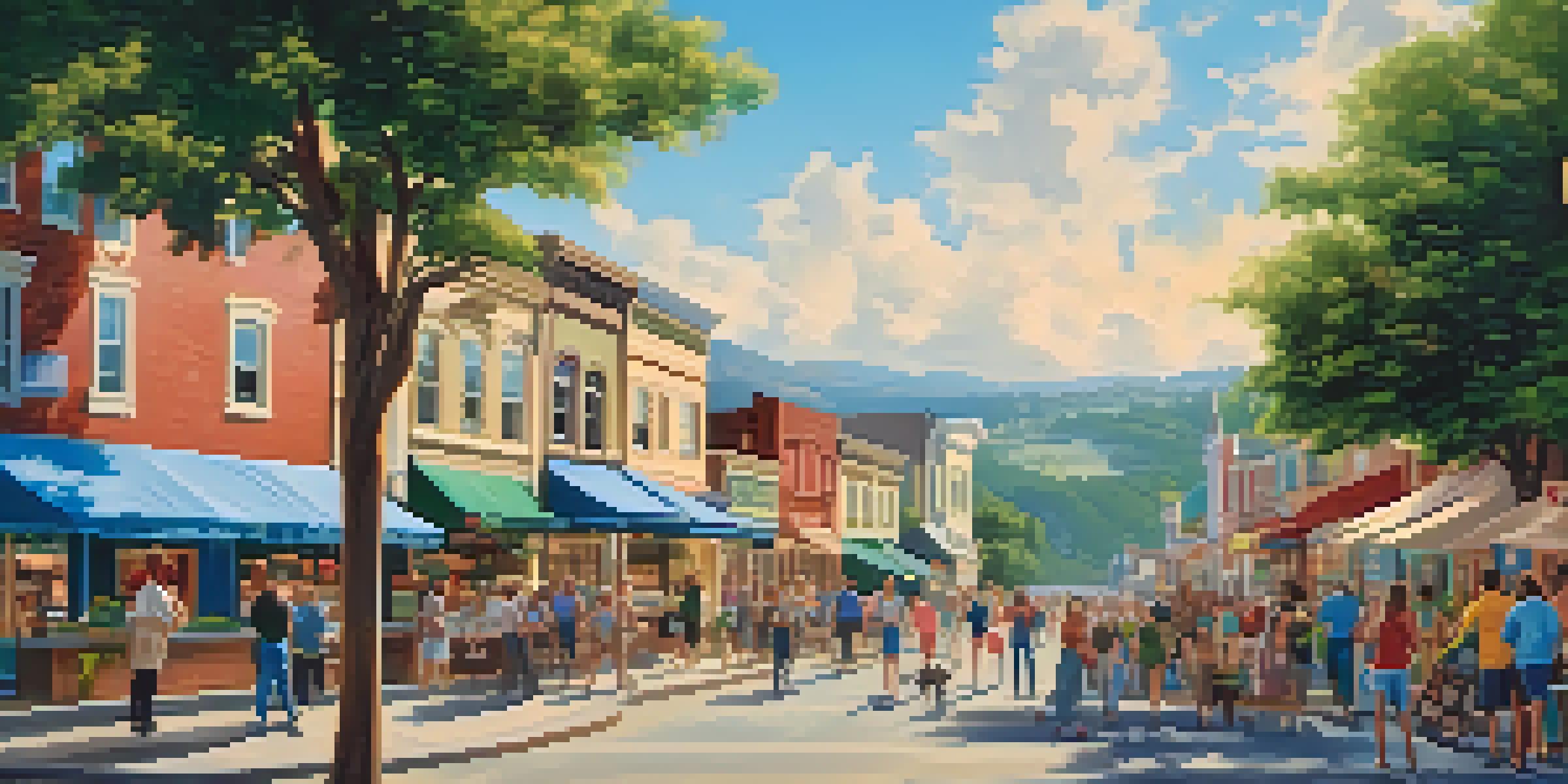 A peaceful small town with local businesses and green hills under a bright blue sky, showing a community event.