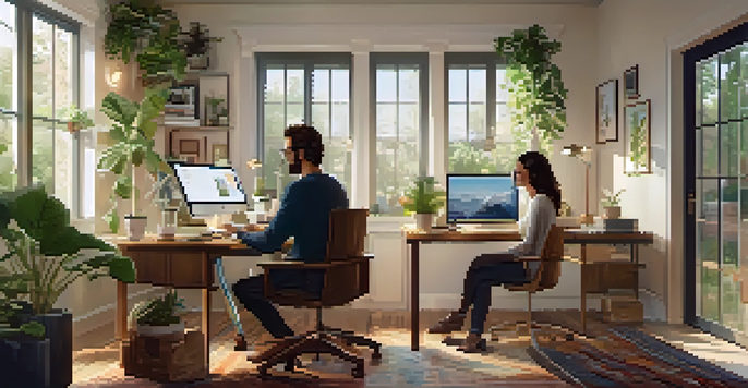 A couple working together in a cozy home office, with plants and a laptop on the desk, highlighting their collaborative effort.