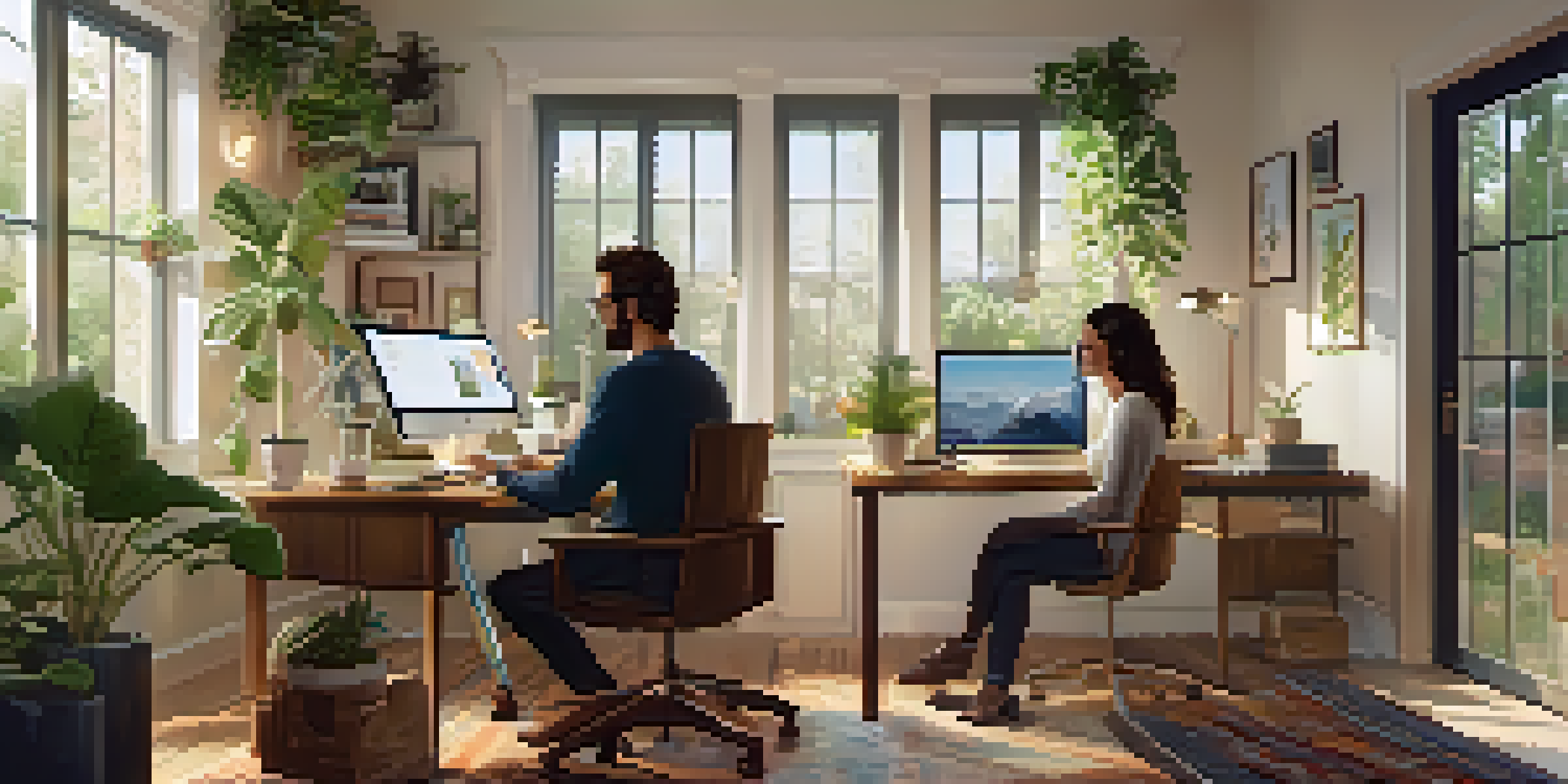 A couple working together in a cozy home office, with plants and a laptop on the desk, highlighting their collaborative effort.