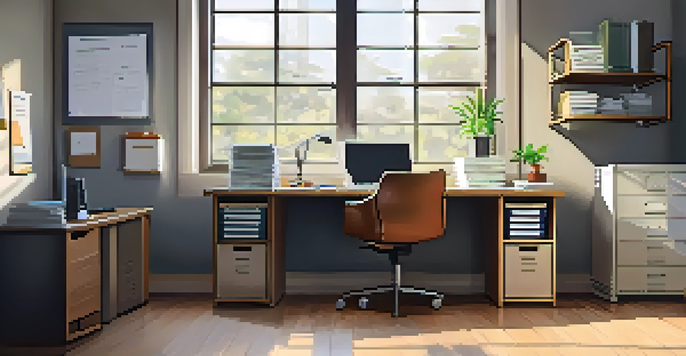 A modern office with a desk organized with documents and a laptop, illuminated by natural light.