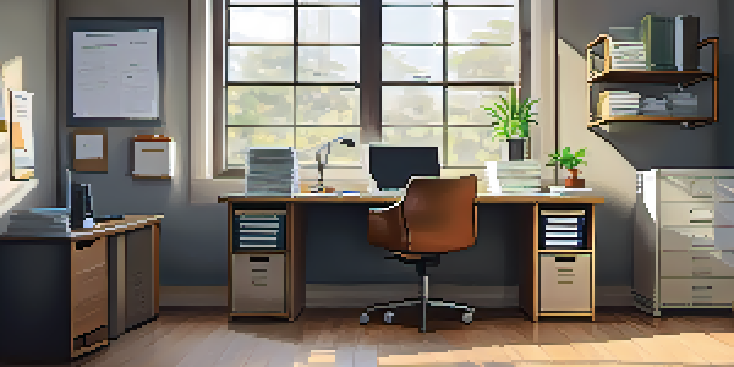 A modern office with a desk organized with documents and a laptop, illuminated by natural light.