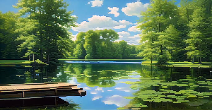 A peaceful lake scene with trees and a dock, reflecting the blue sky and clouds.