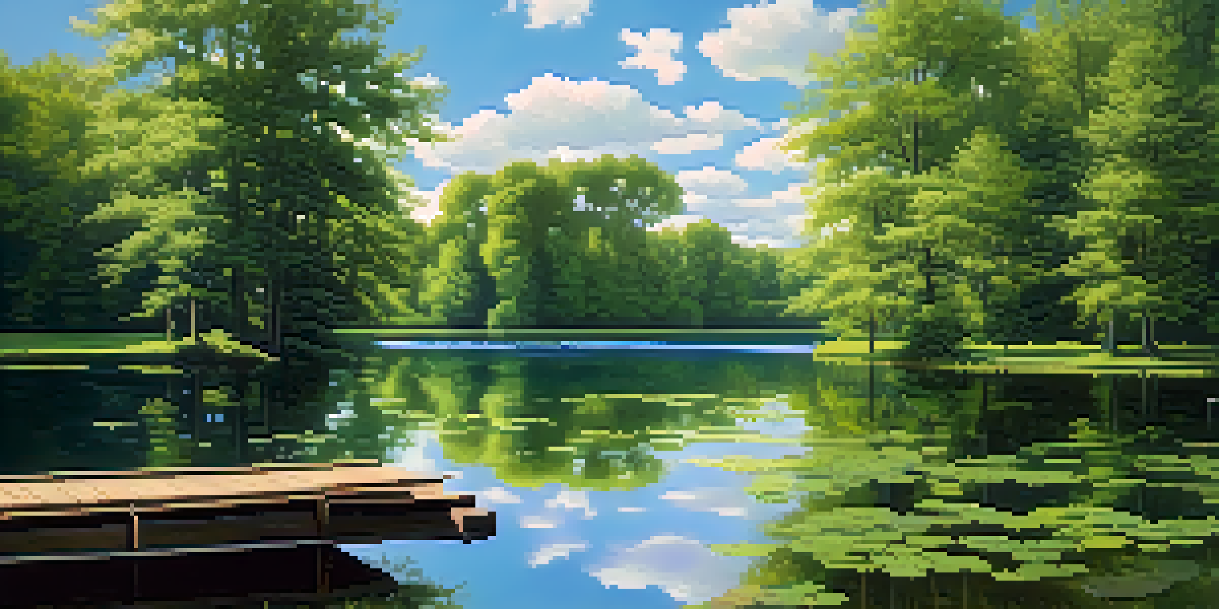 A peaceful lake scene with trees and a dock, reflecting the blue sky and clouds.