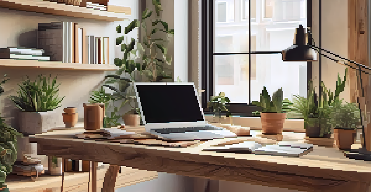 A cozy home office with a wooden desk, laptop, coffee cup, and plants in natural light.