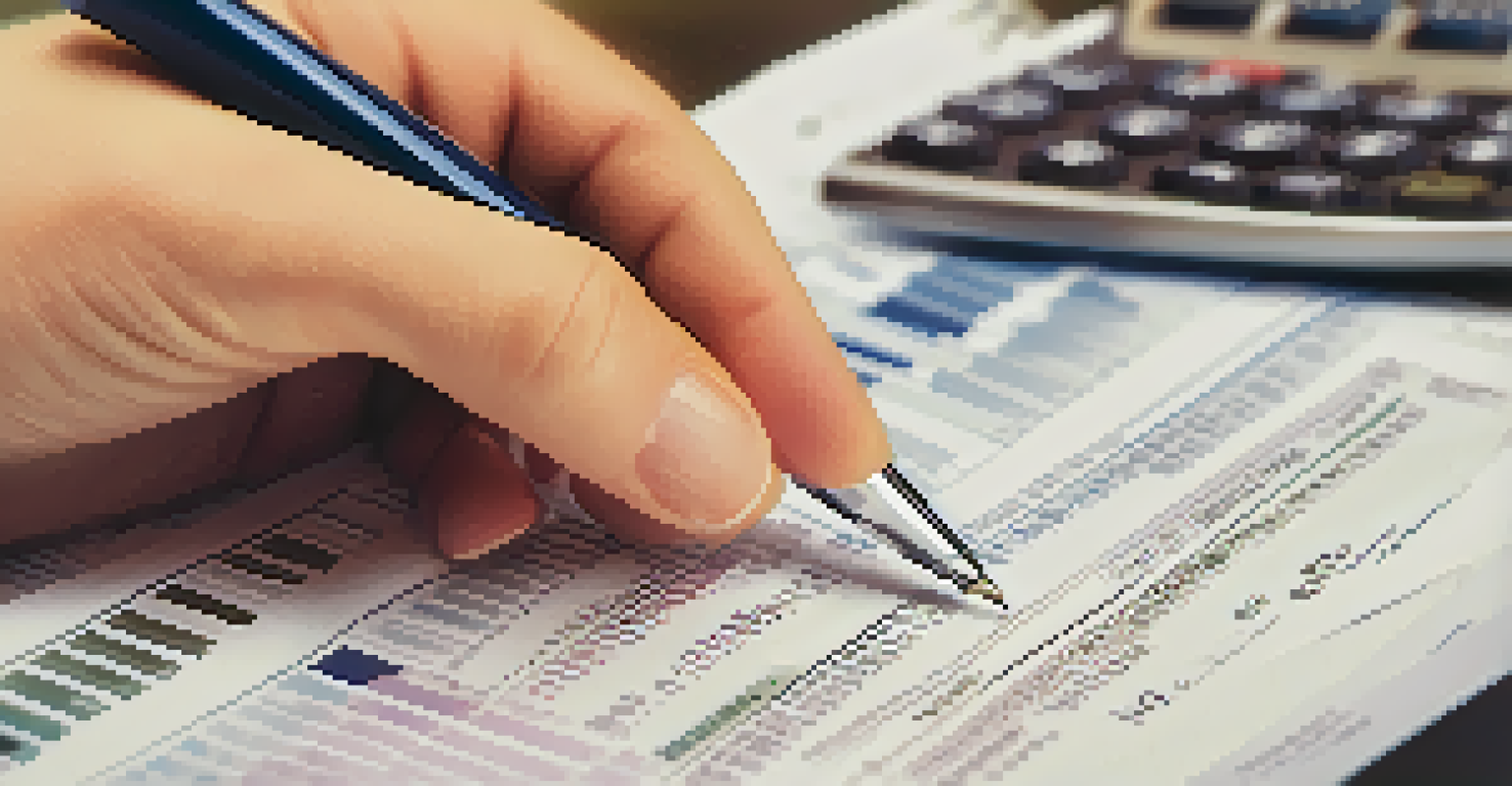 A close-up of a hand holding a pen over a tax form, with financial charts and a calculator blurred in the background.