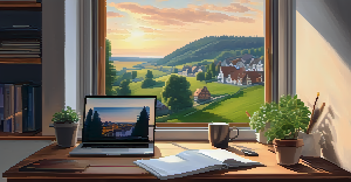 A cozy home office in Germany with a U.S. citizen working on a laptop, featuring a cup of coffee and a window view of a quaint village.