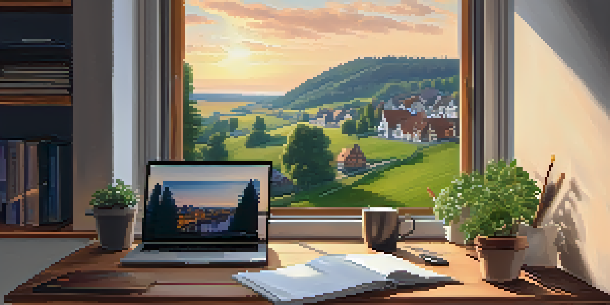A cozy home office in Germany with a U.S. citizen working on a laptop, featuring a cup of coffee and a window view of a quaint village.
