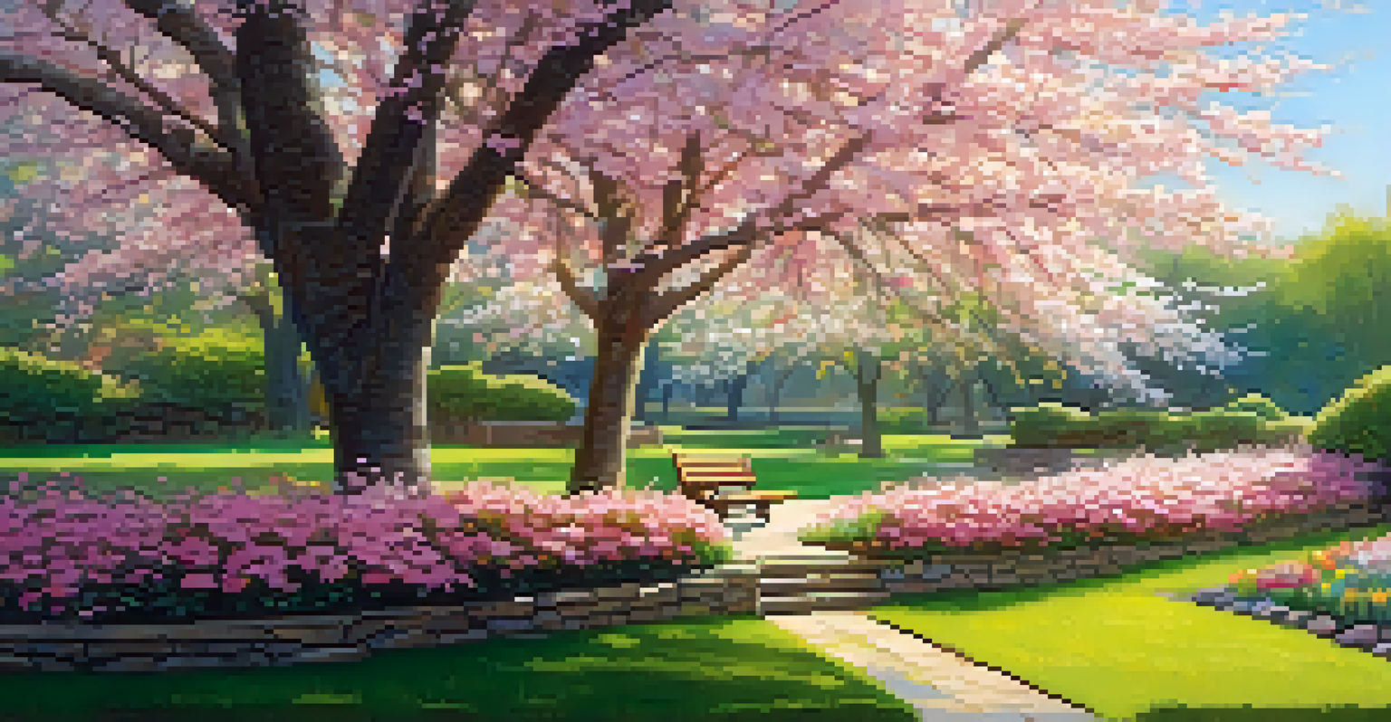 A spring garden with cherry blossom trees and a wooden bench surrounded by colorful flowers.