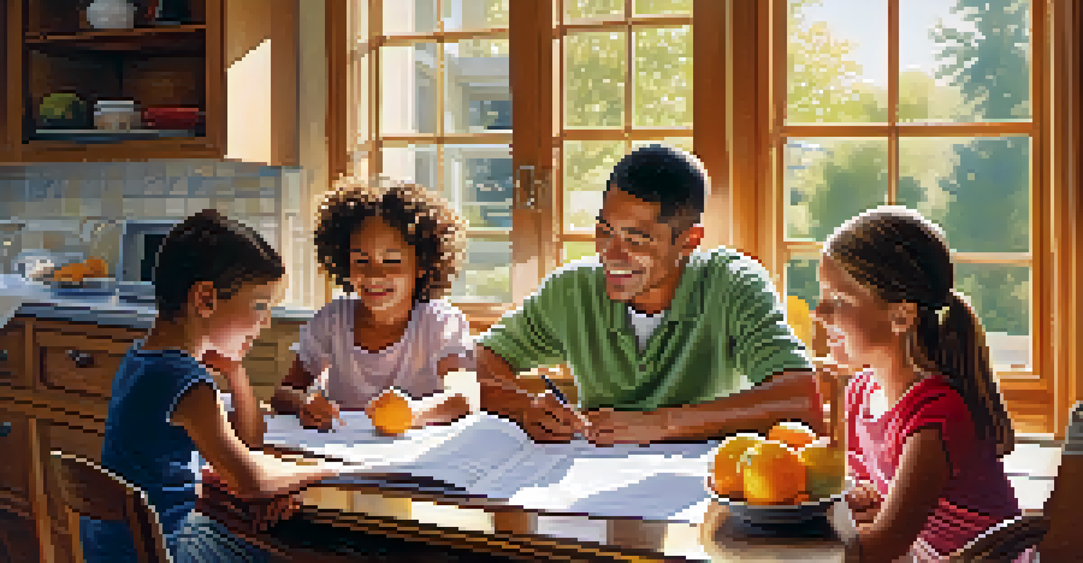 A family gathered at a kitchen table, examining tax documents and finances with children participating, illuminated by sunlight.
