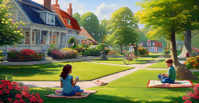 A picturesque small town with colorful houses, a park filled with flowers, and a family having a picnic under the warm morning sun.