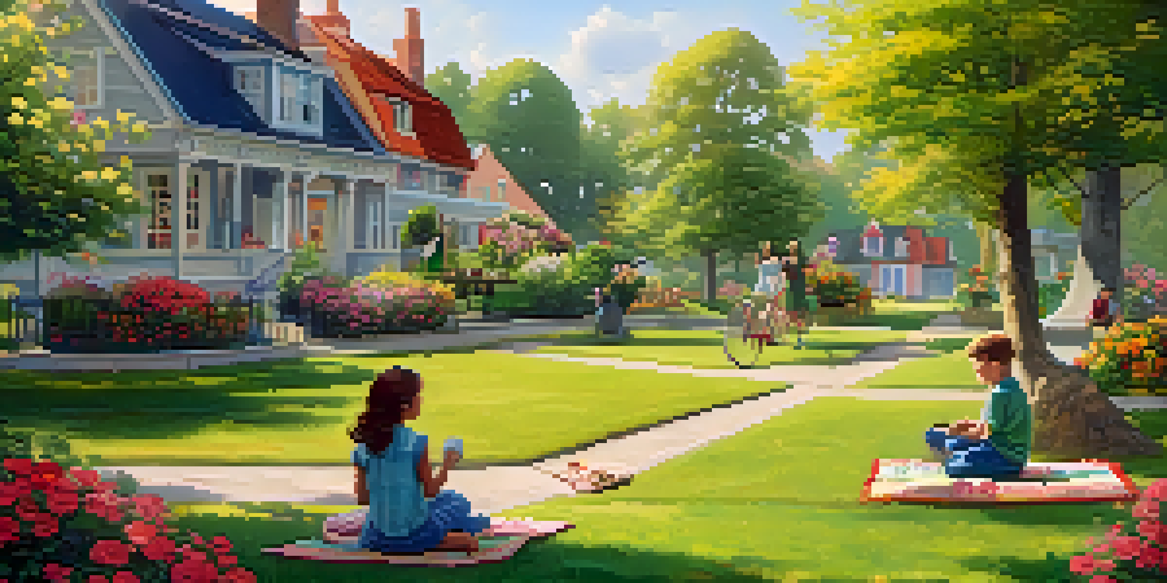 A picturesque small town with colorful houses, a park filled with flowers, and a family having a picnic under the warm morning sun.