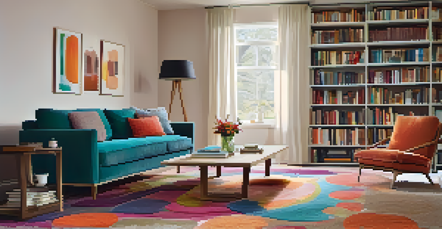 A modern living room with a sofa, coffee table, and bookshelves.