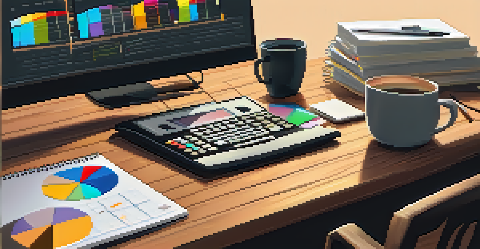 An organized desk with a calculator, coffee cup, and smartphone, alongside a computer screen showing colorful charts.