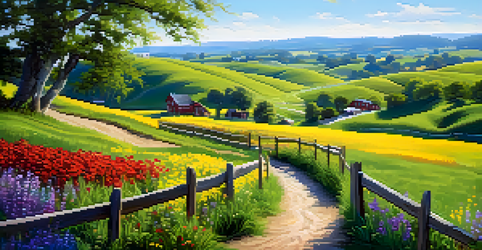 A tranquil countryside landscape featuring rolling hills, a river, colorful wildflowers, and a wooden fence.