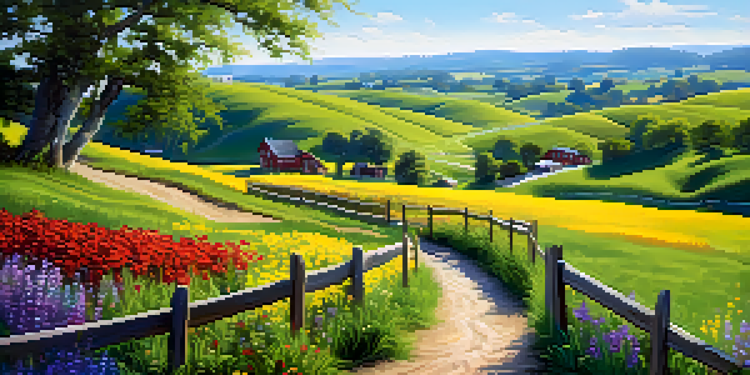 A tranquil countryside landscape featuring rolling hills, a river, colorful wildflowers, and a wooden fence.