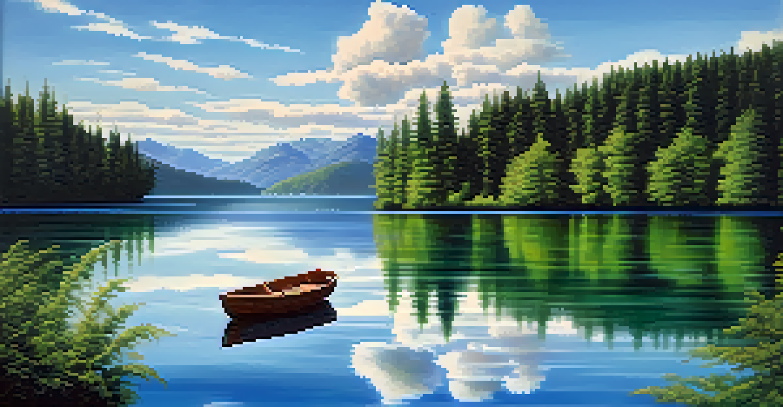 A tranquil lake surrounded by forests and mountains, with a small wooden boat floating on the calm water reflecting the sky.