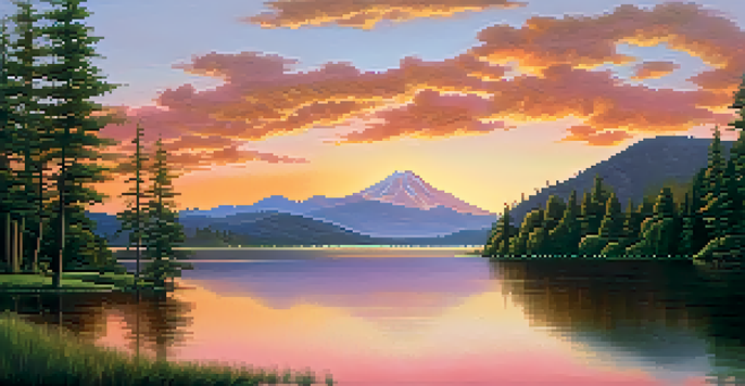 A peaceful lake scene at sunset with trees and mountains, showcasing vibrant colors in the sky and reflection on the water.