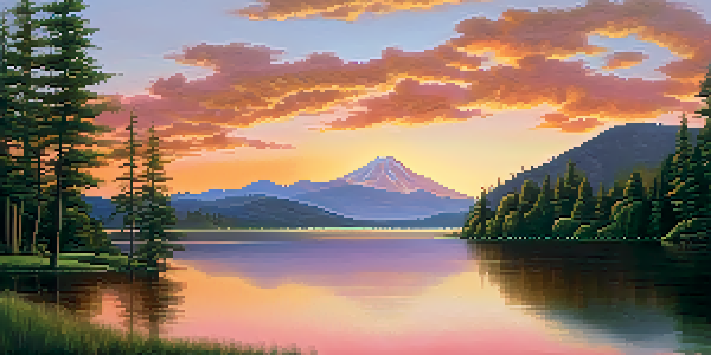A peaceful lake scene at sunset with trees and mountains, showcasing vibrant colors in the sky and reflection on the water.