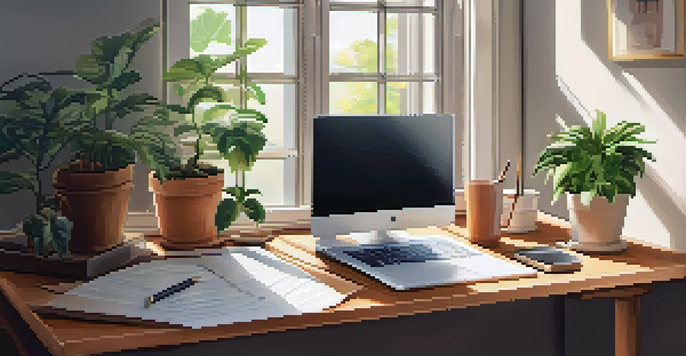 A peaceful office space with a wooden desk, laptop, coffee cup, and plants, illuminated by natural light.