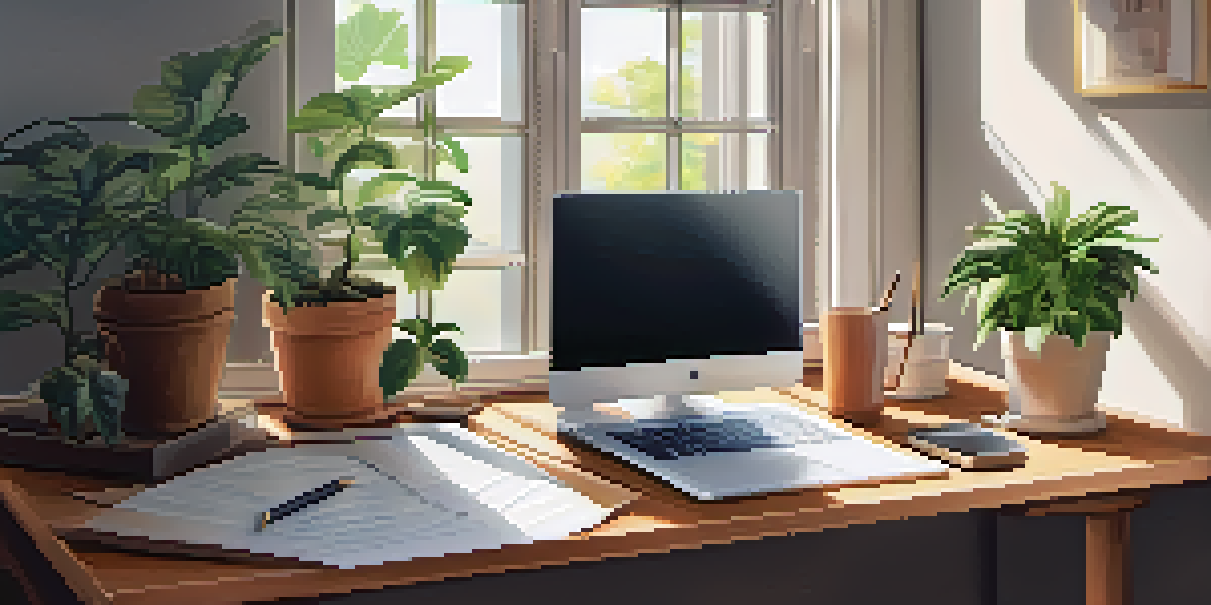 A peaceful office space with a wooden desk, laptop, coffee cup, and plants, illuminated by natural light.