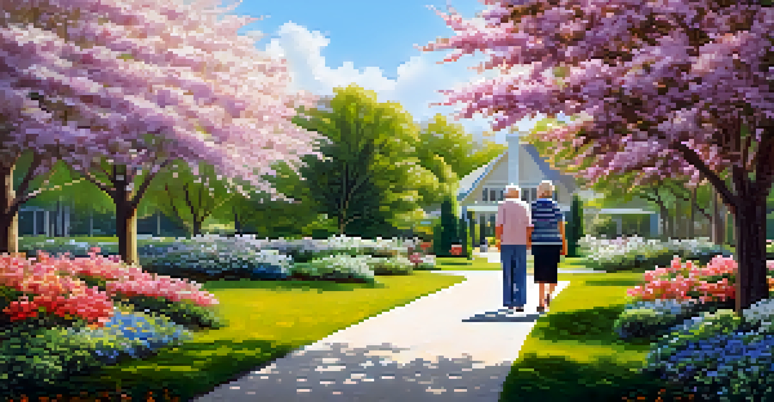 A peaceful retirement community with a couple walking along a flower-lined path under a clear blue sky.