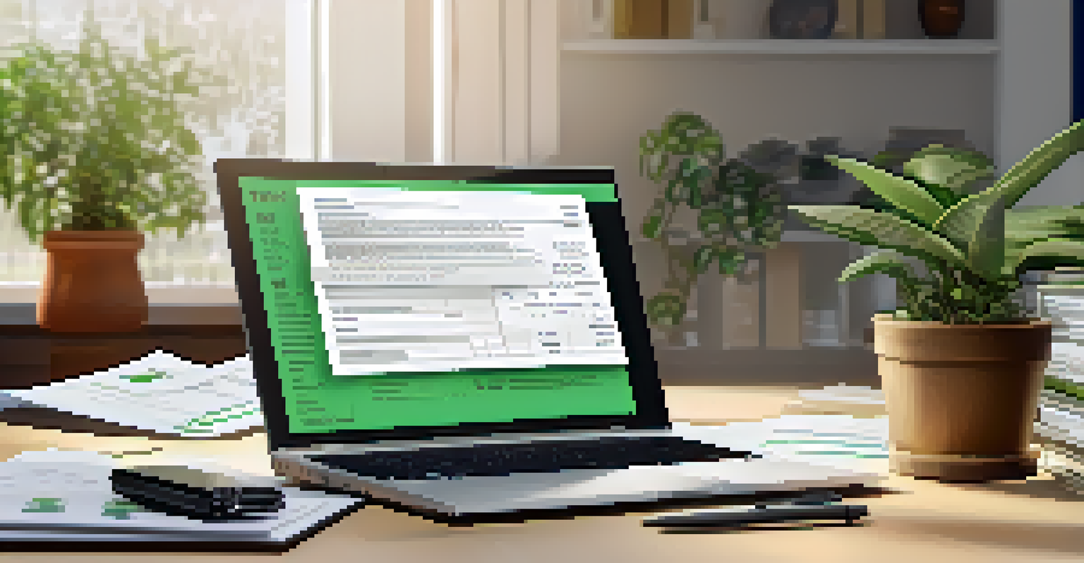 An organized workspace with tax documents, a laptop, and a green plant, all illuminated by bright natural light.