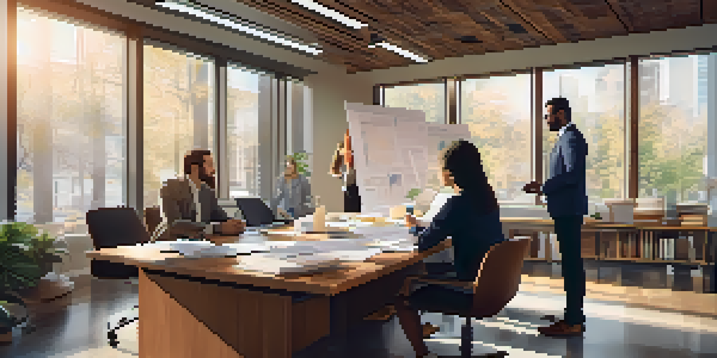 A diverse team of professionals in a bright office discussing an audit report, with charts on the screen and papers on the table.