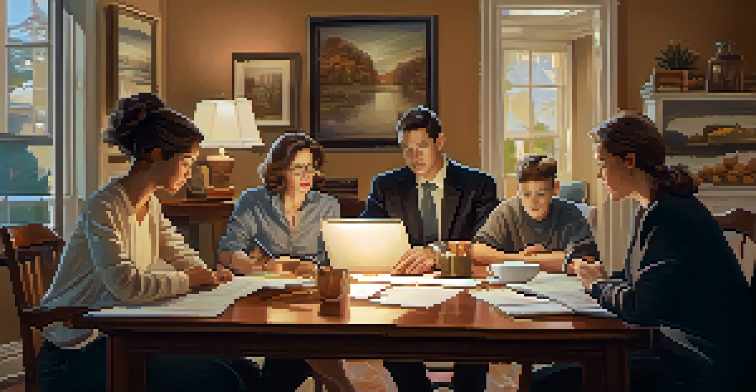 A family discussing tax strategies with a professional at a dining table, surrounded by documents and a laptop.