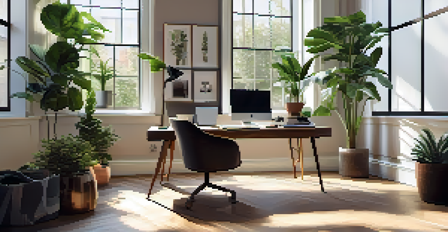 A modern workspace with a laptop, plants, and natural light streaming through large windows.