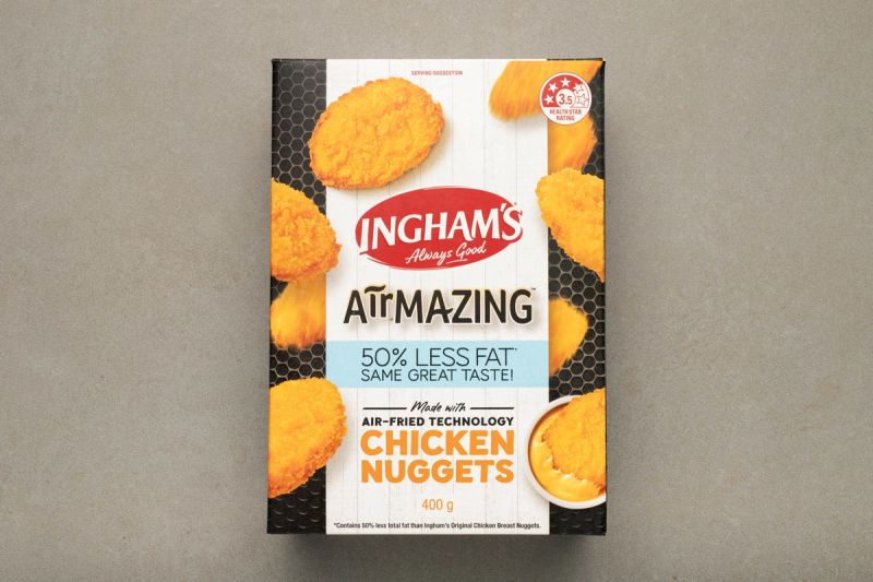 Ingham's 'Airmazing' chicken nuggets in packaging. Ingham's 'Airmazing' chicken nuggets in packaging.