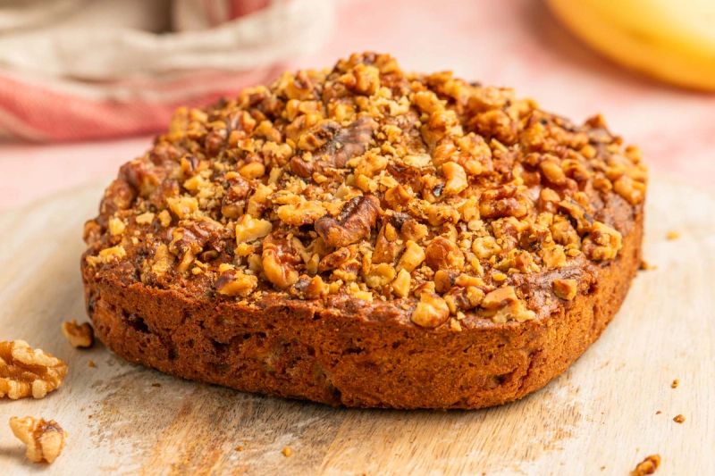 Air fried banana bread topped with walnuts Air fried banana bread topped with walnuts