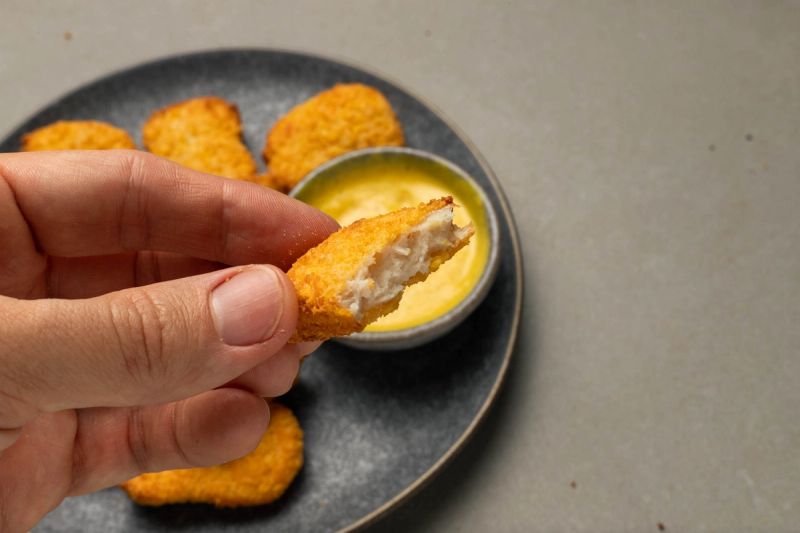 Holding an air fried chicken nugget Holding an air fried chicken nugget